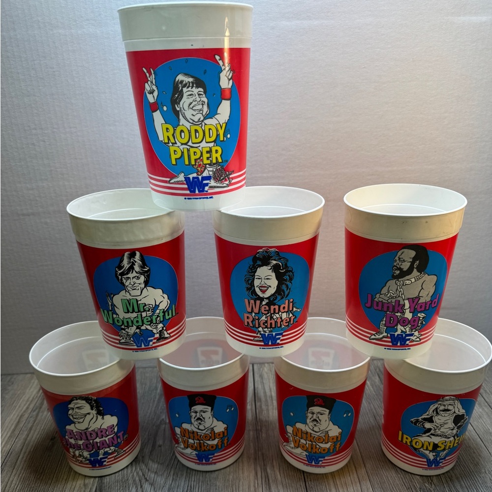 Vintage 1985 7-Eleven WWF Wrestler Big Gulp Collectible Plastic Cups lot of 8